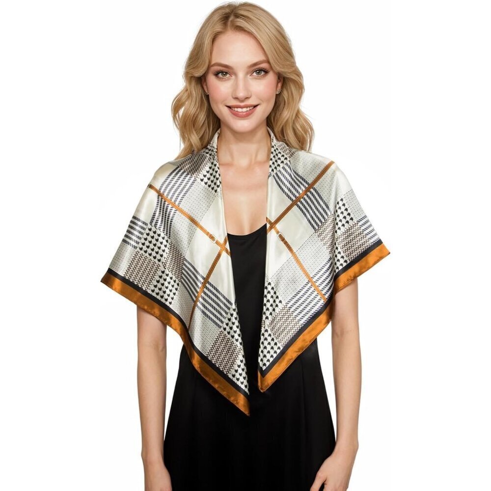 Women's Brown/Black Head Scarf Like Silk Printed Square Hair Bandanas 35 Inches - Picture 4 of 7